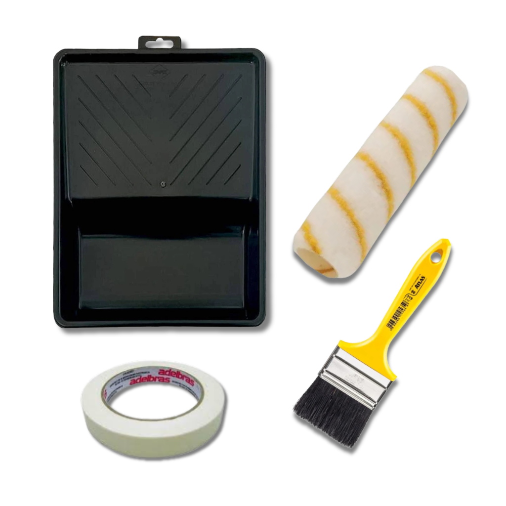 Kit Pintura Completa Profissional – Rolo + Bandeja + Pincel + Fita