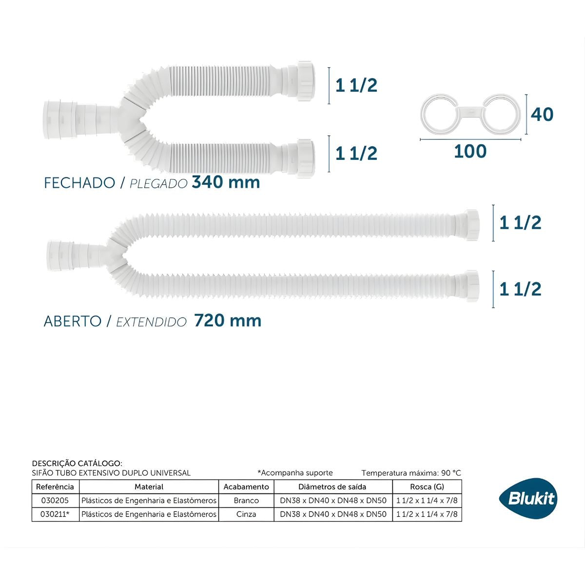 Sifão Tubo Extensivo Duplo Universal Branco 70cm Blukit