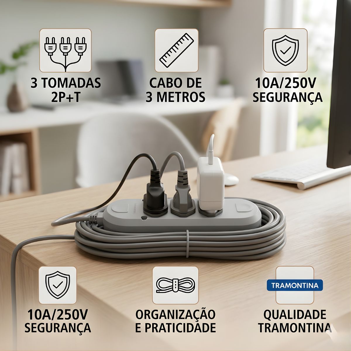 Extensao Eletrica 3 Tomadas 2p+T 10a/250v 3m Tramontina