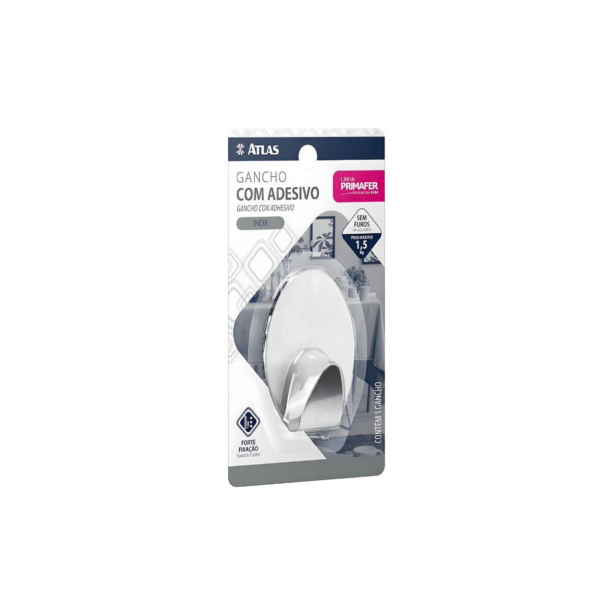 Gancho Adesivo Inox 1,5kg C/ 1 Peça Atlas