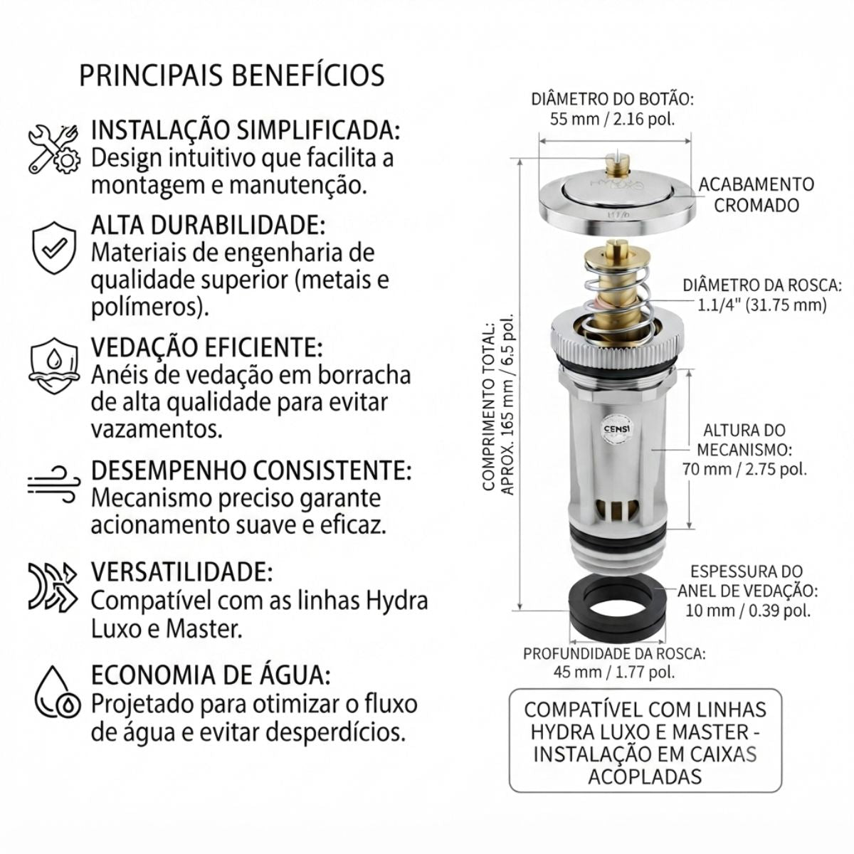 Acionador Válvula Descarga Hydra Luxo/Master 1.1/4 Censi