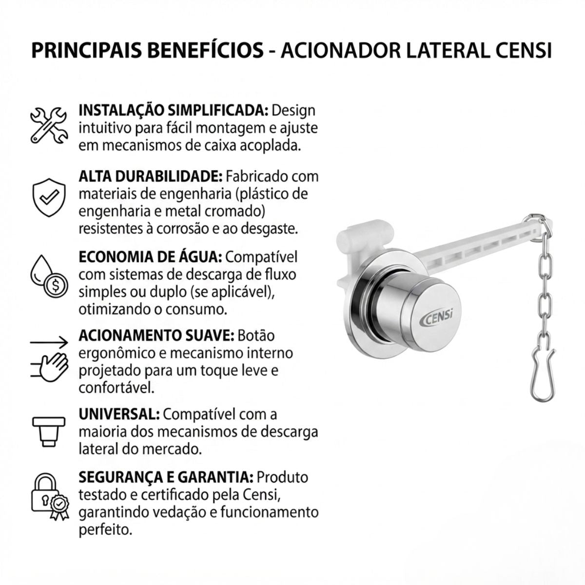 Botão de Acionamento Lateral Cromado ABS 12 mm Censi