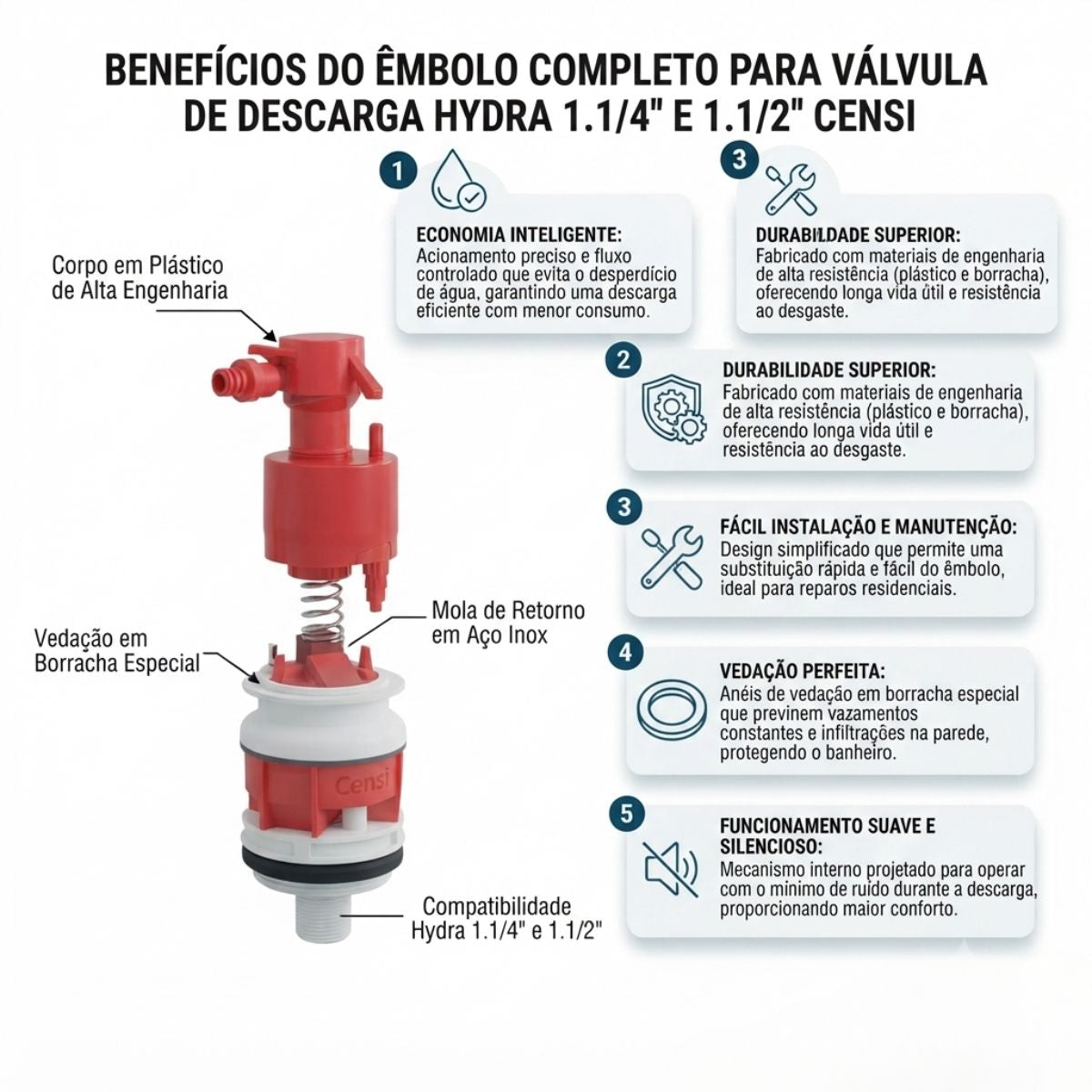 Êmbolo Completo para Válvula de Descarga Hydra 1.1/4" e 1.1/2" Censi