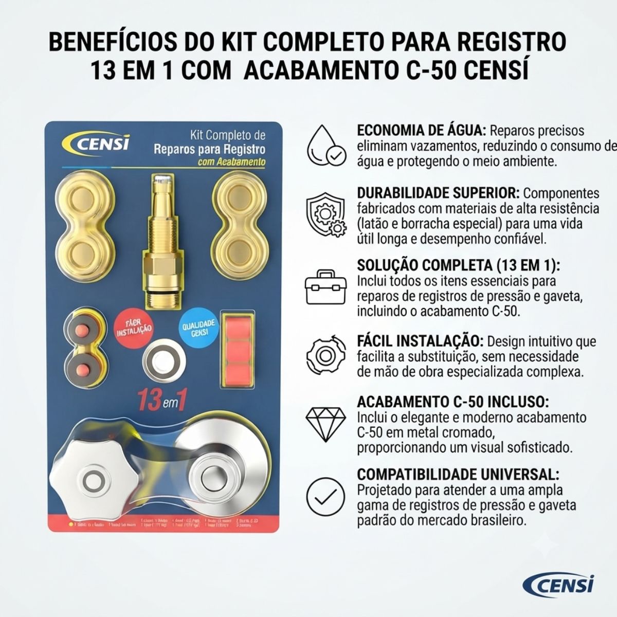Kit Completo para Registro 13 em 1 com Acabamento C-50 Censi