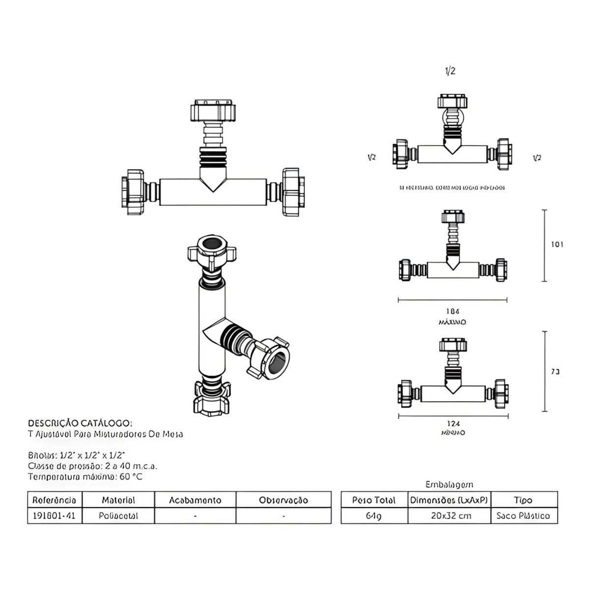 T Ajustável para Misturadores de Mesa 1/2" x 1/2" Blukit