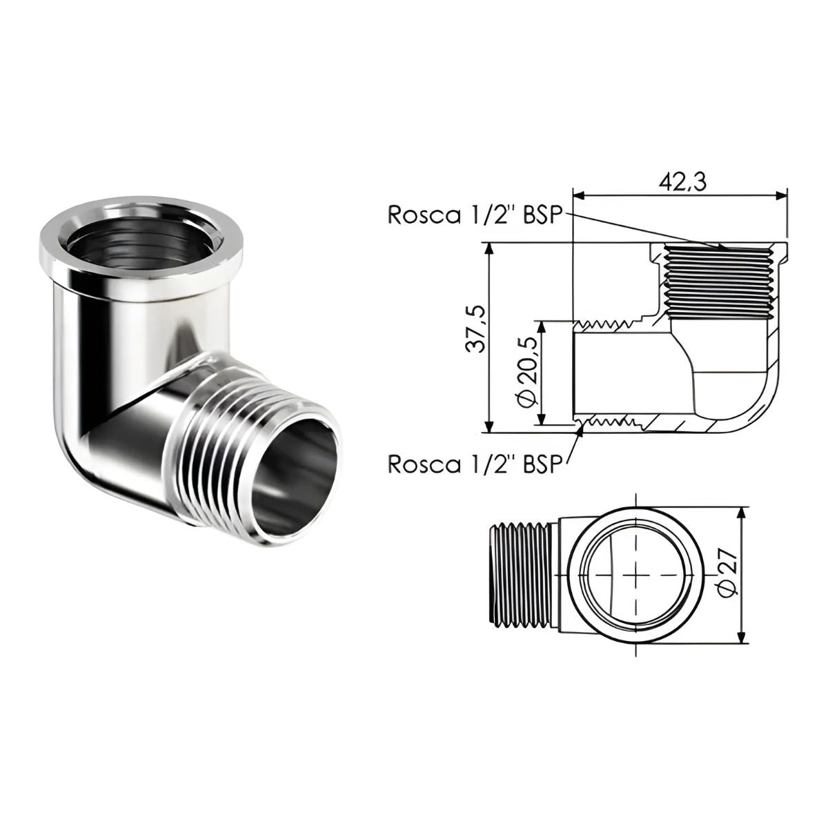Joelho Cromado Redução 90° 3/4" x 1/2" Censi