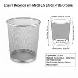 Lixeira Redonda em Metal 8,5 Litros Prata Ordene