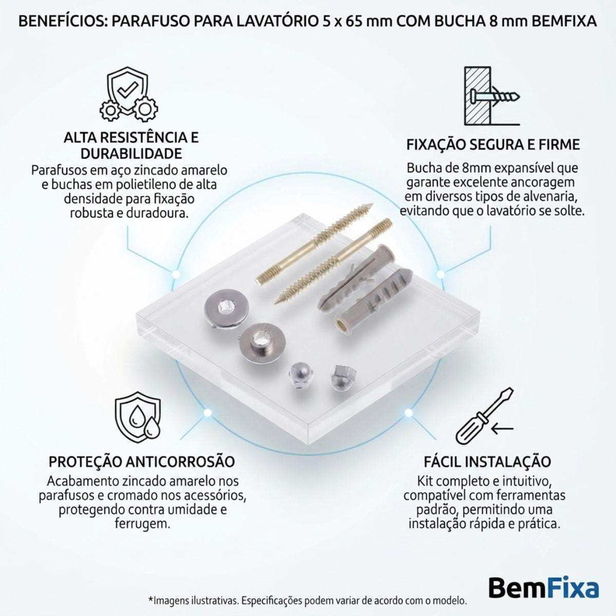 Parafuso para Lavatório 5 x 65 mm com Bucha 8 mm BemFixa