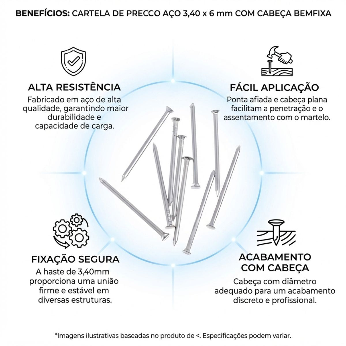 Cartela de Prego Aço 3,40 x 6 mm com Cabeça BemFixa