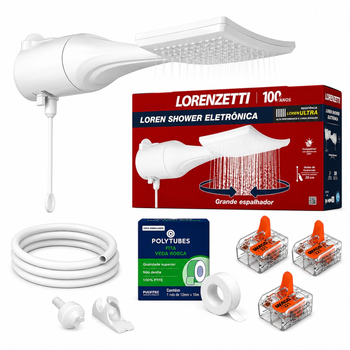 Kit Completo Ducha Lorenzetti Loren Shower Ultra Eletrônica + 3 Wago + Veda Rosca