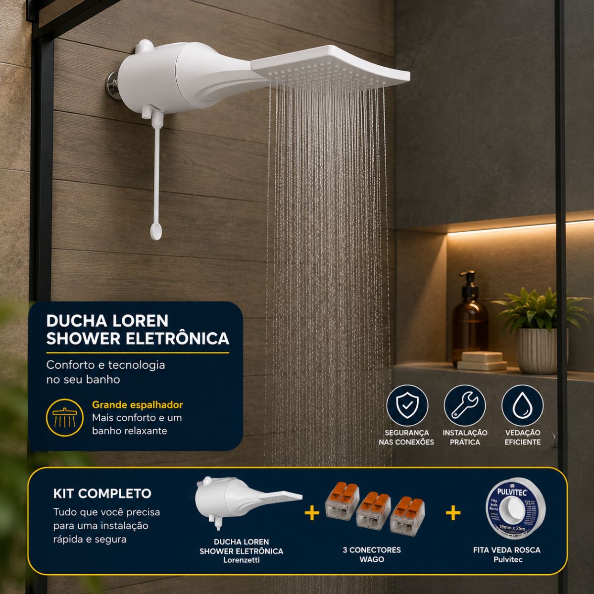 Kit Completo Ducha Lorenzetti Loren Shower Ultra Eletrônica + 3 Wago + Veda Rosca
