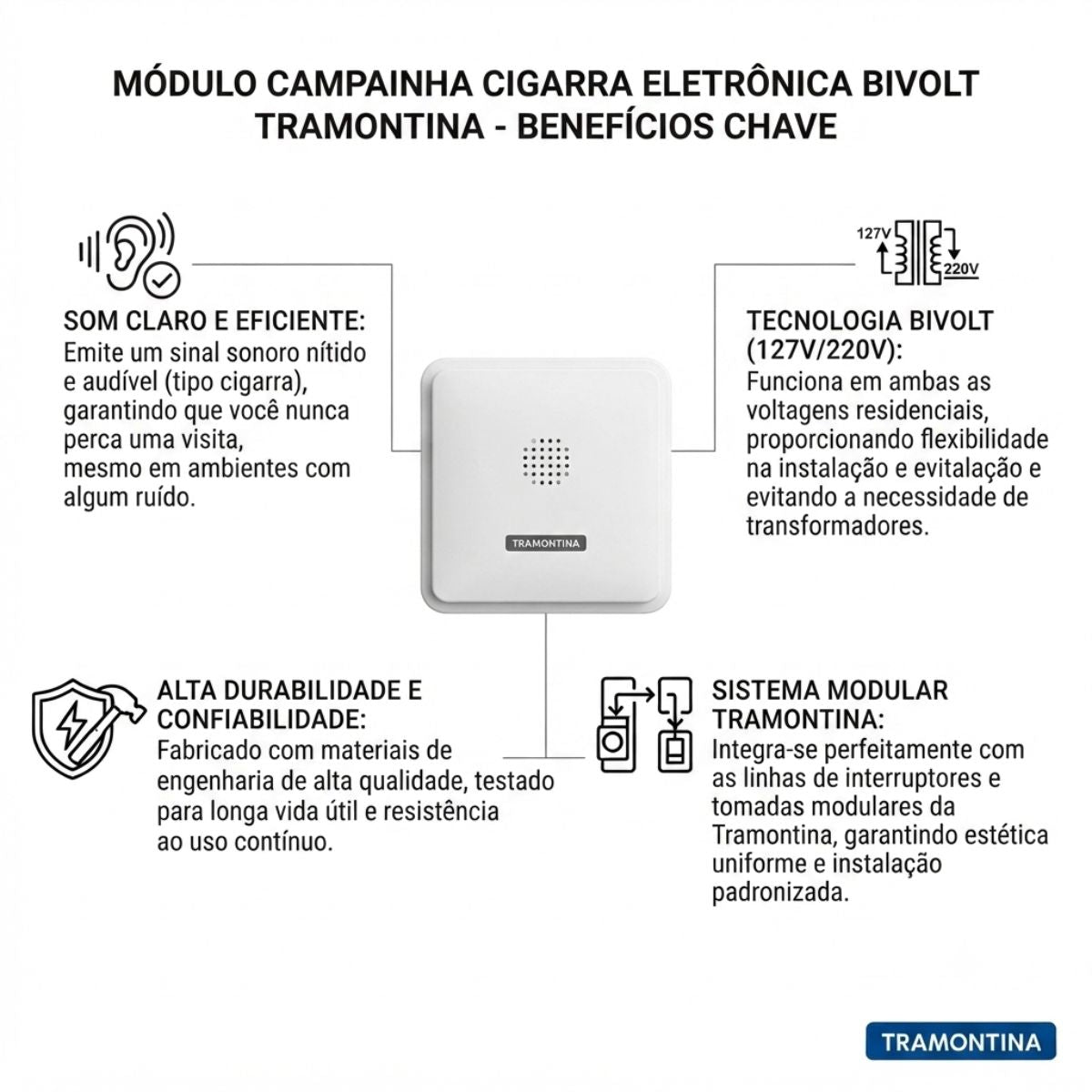 Módulo Campainha Cigarra Eletrônica Bivolt Tramontina