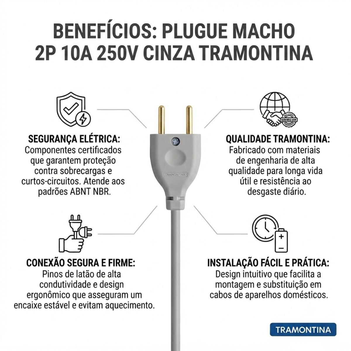 Plugue Macho 2P 10A 250V Branco Tramontina