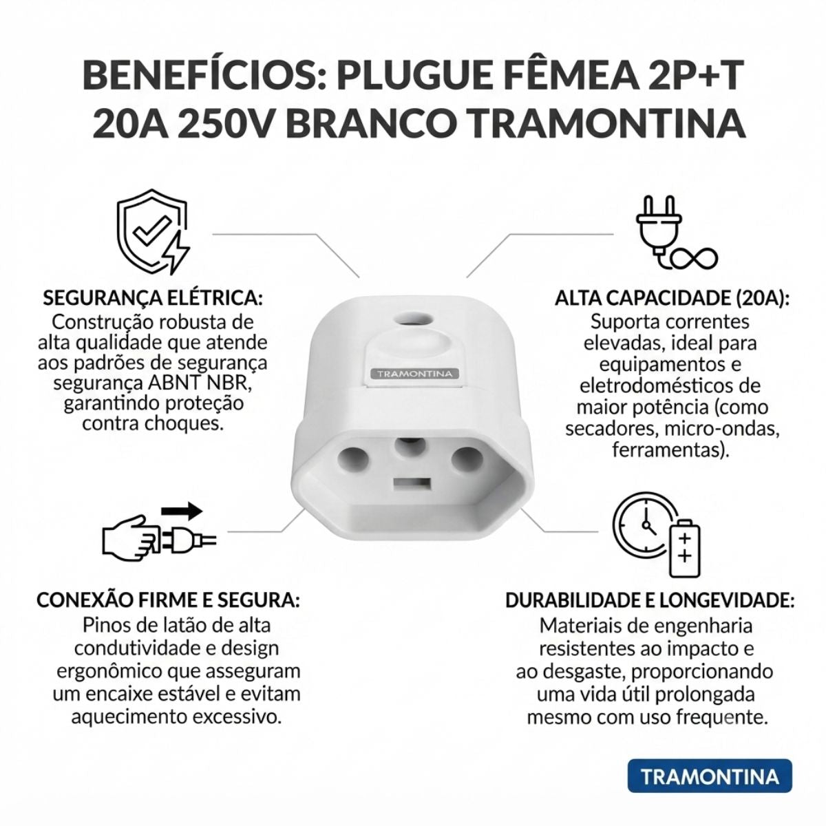 Plugue Fêmea 2P+T 10A 250V Preto Tramontina