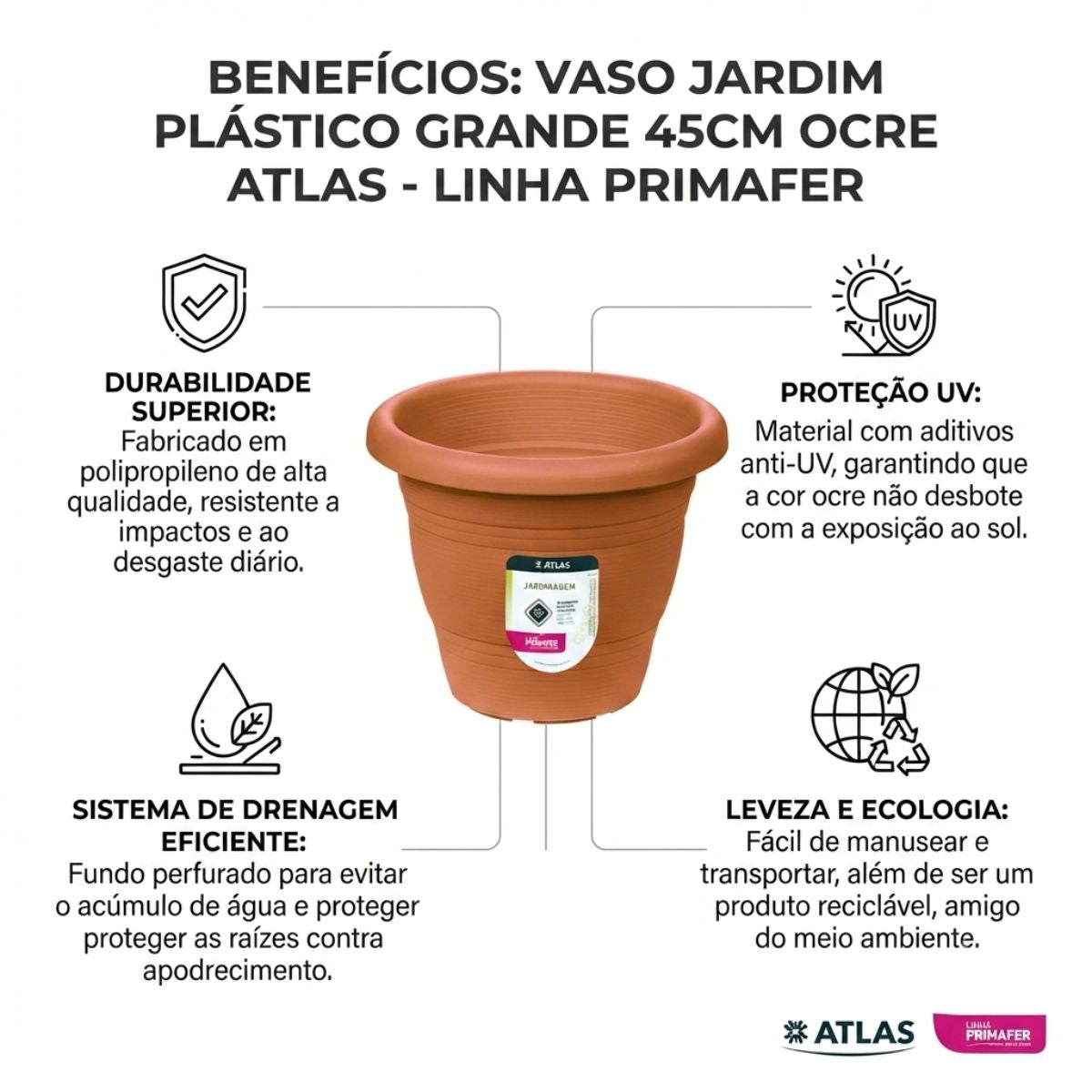 Vaso Jardim Plástico Grande 45cm Ocre Atlas