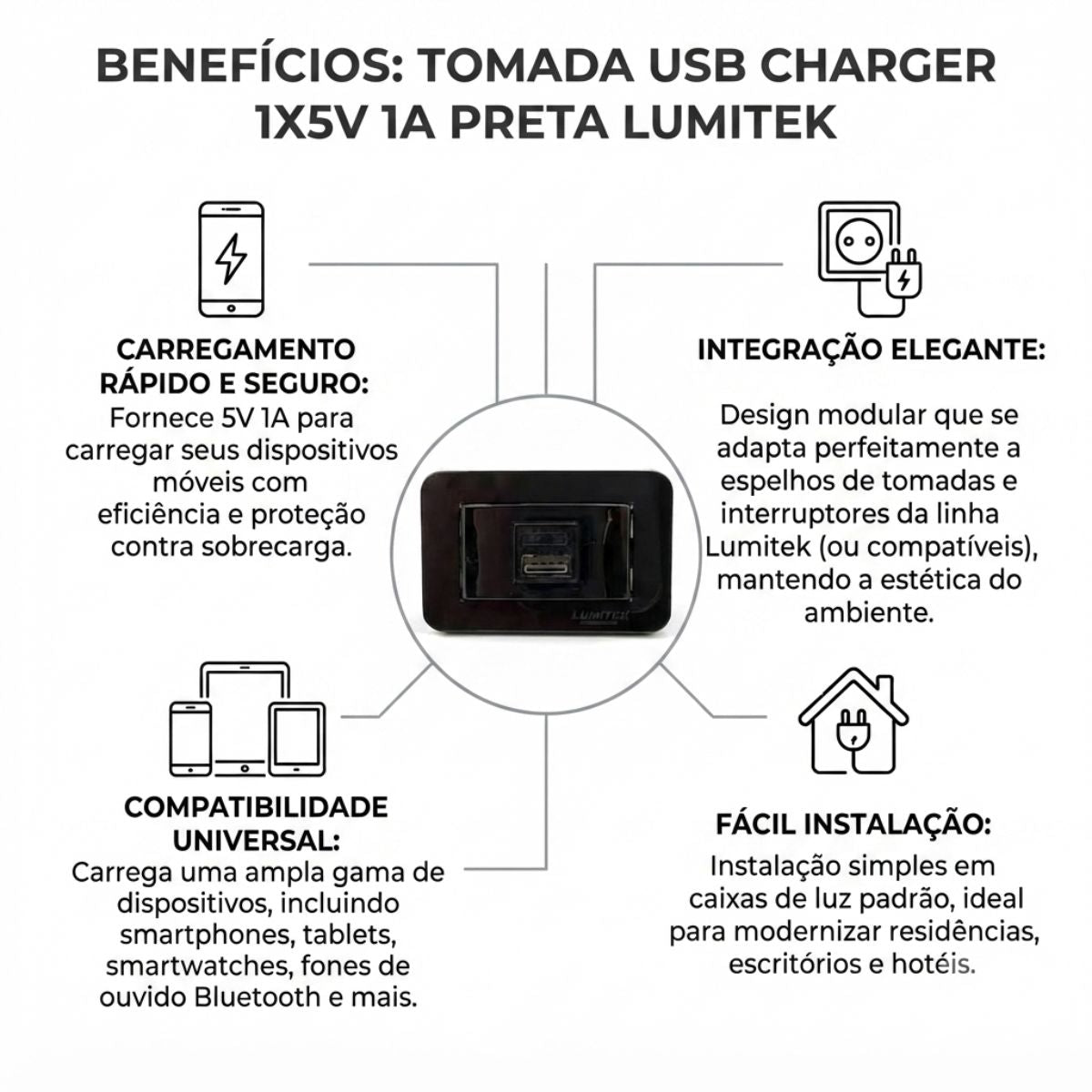 Tomada Usb Charger 1x5v 1a Preta Lumitek