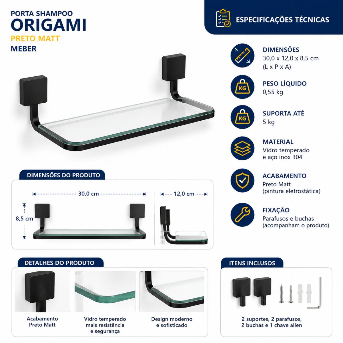 Porta Shampoo Origami Preto Matt Meber