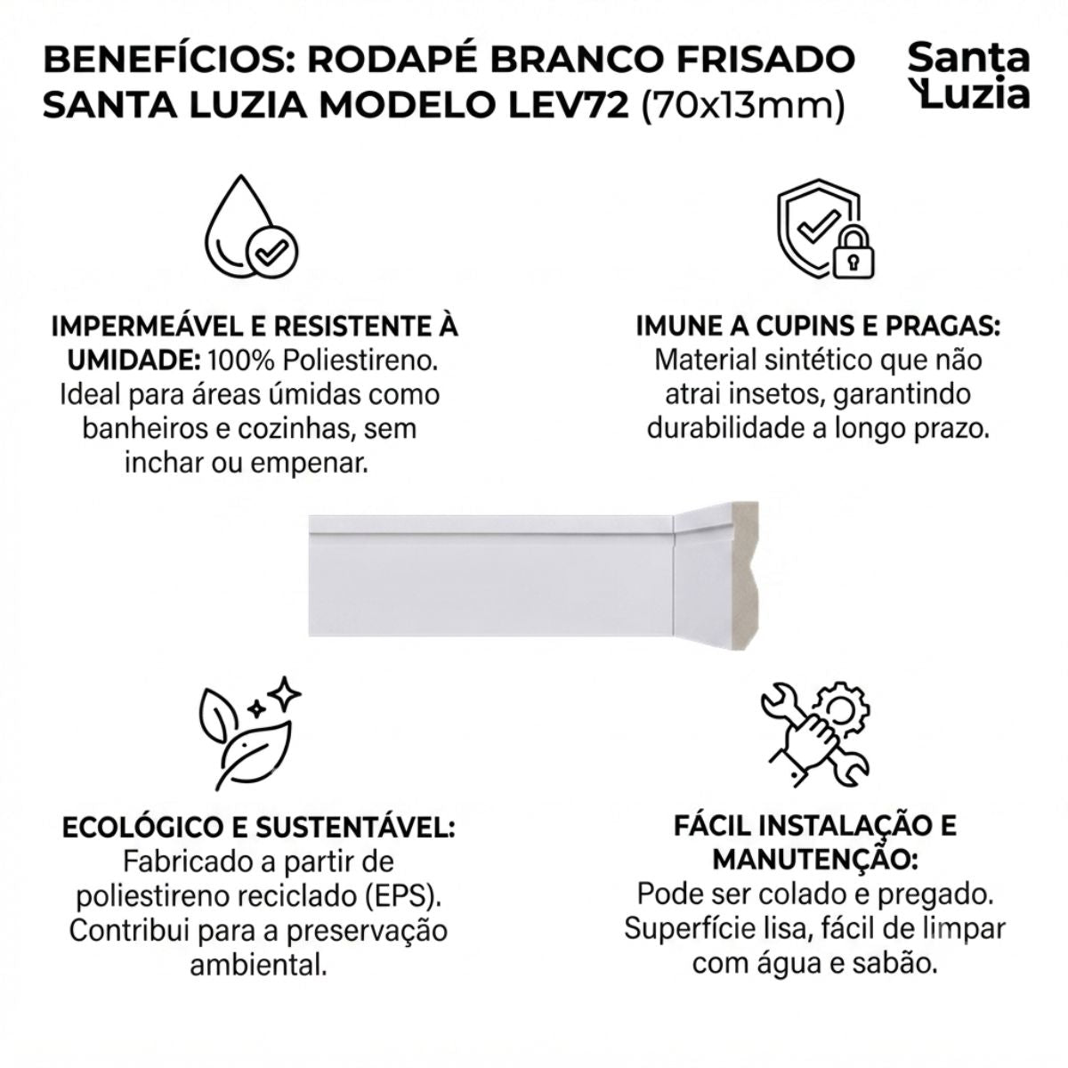 Rodapé Branco Frisado 240cm Modelo LEV72 70x13mm Santa Luzia