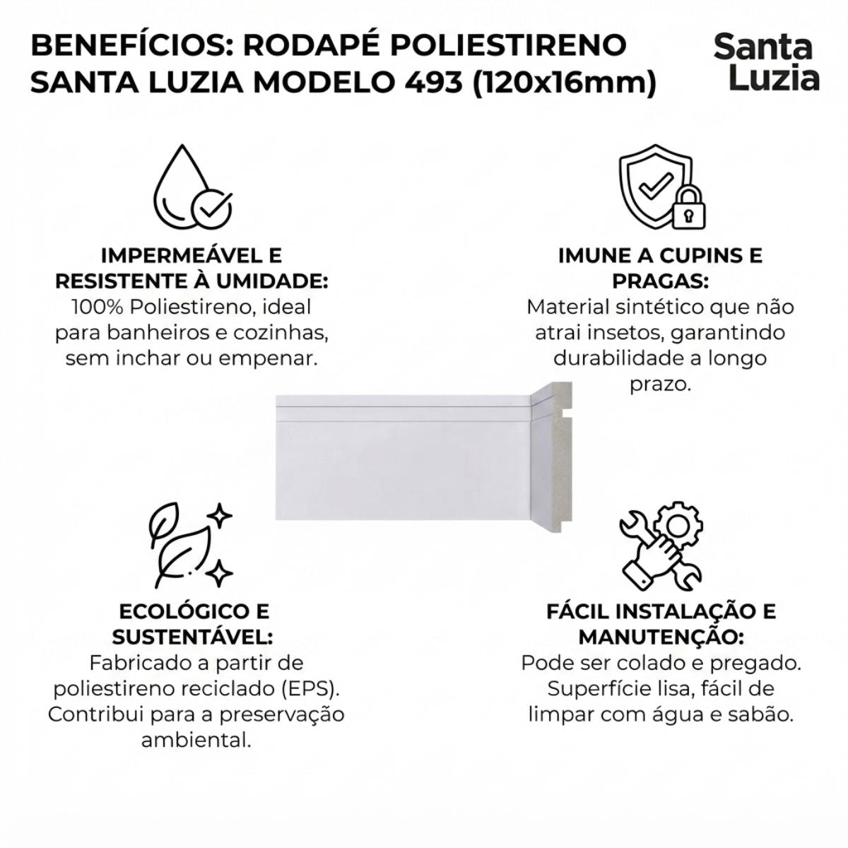 Rodapé Poliestireno RP/BR Branco 240cm Modelo 493 120x16mm Santa Luzia