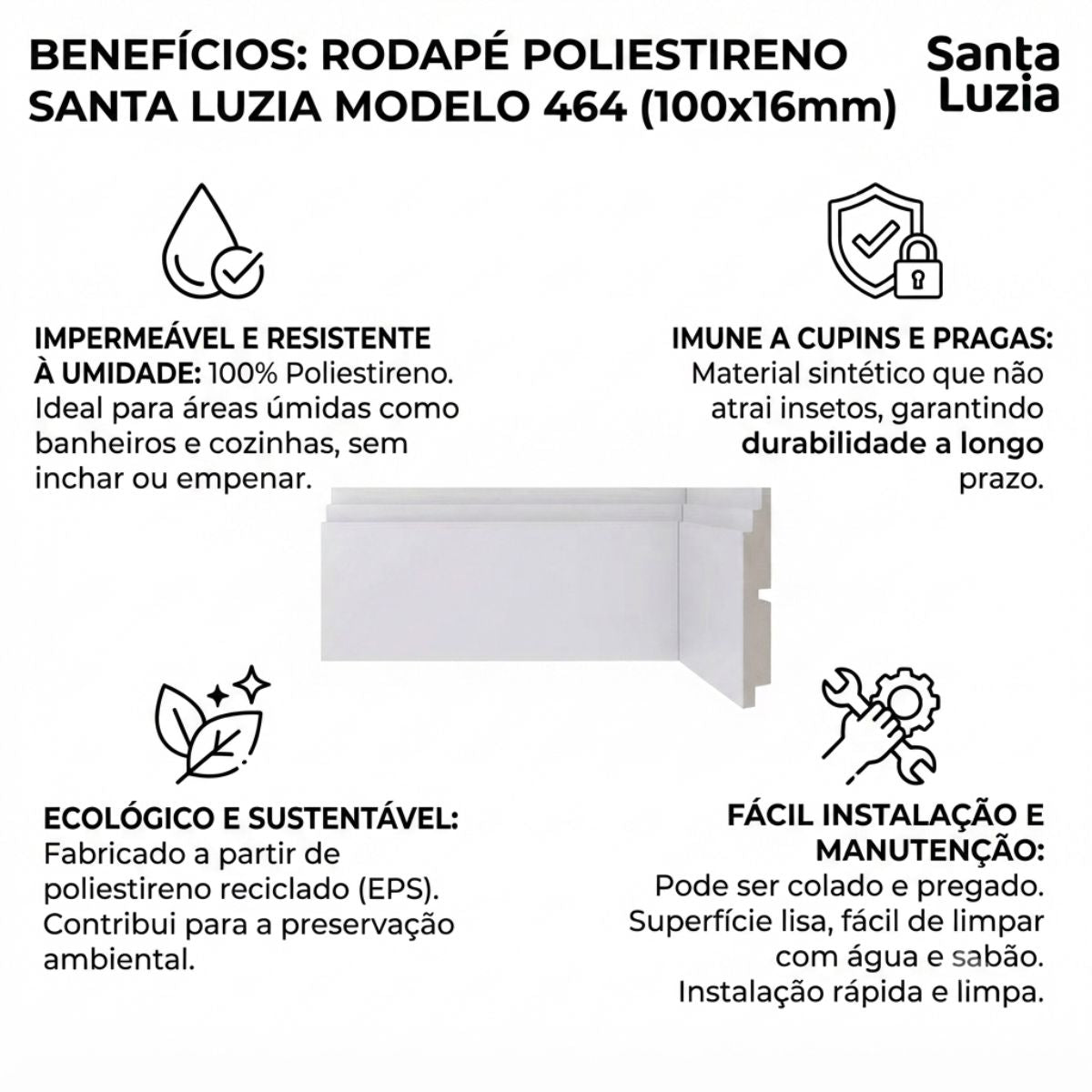 Rodapé Poliestireno Branco BR 240cm Modelo 464 100x16mm Santa Luzia