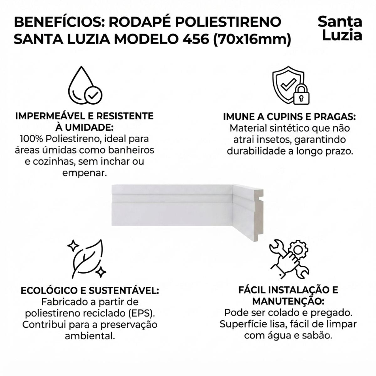 Rodapé Poliestireno Branco BR 240cm Modelo 456 70x16mm Santa Luzia