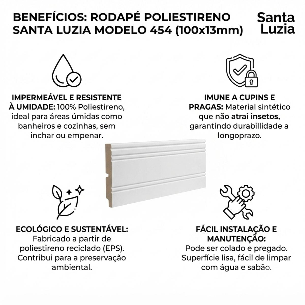 Rodapé Poliestireno Branco BR 240cm Modelo 454 100x13mm Santa Luzia