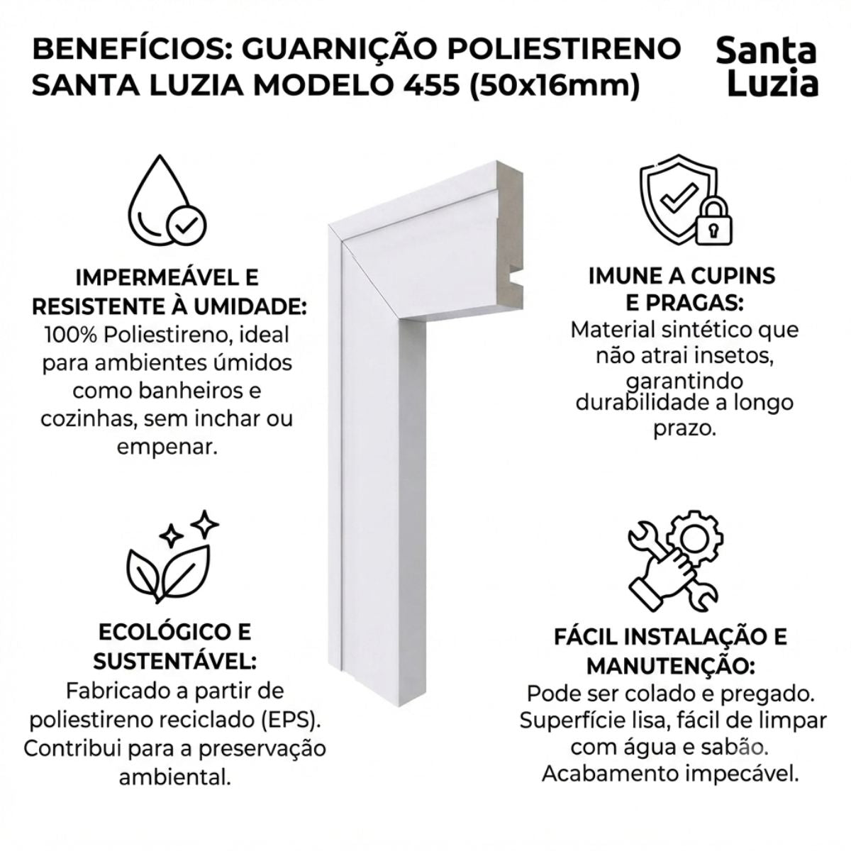 Guarnição Poliestireno Branco BR 240cm Modelo 455 50x16mm Santa Luzia