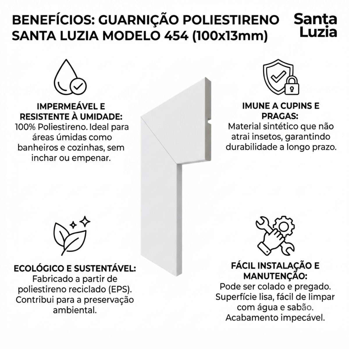 Guarnição Poliestireno Branco BR 240cm Modelo 454 100x13mm Santa Luzia
