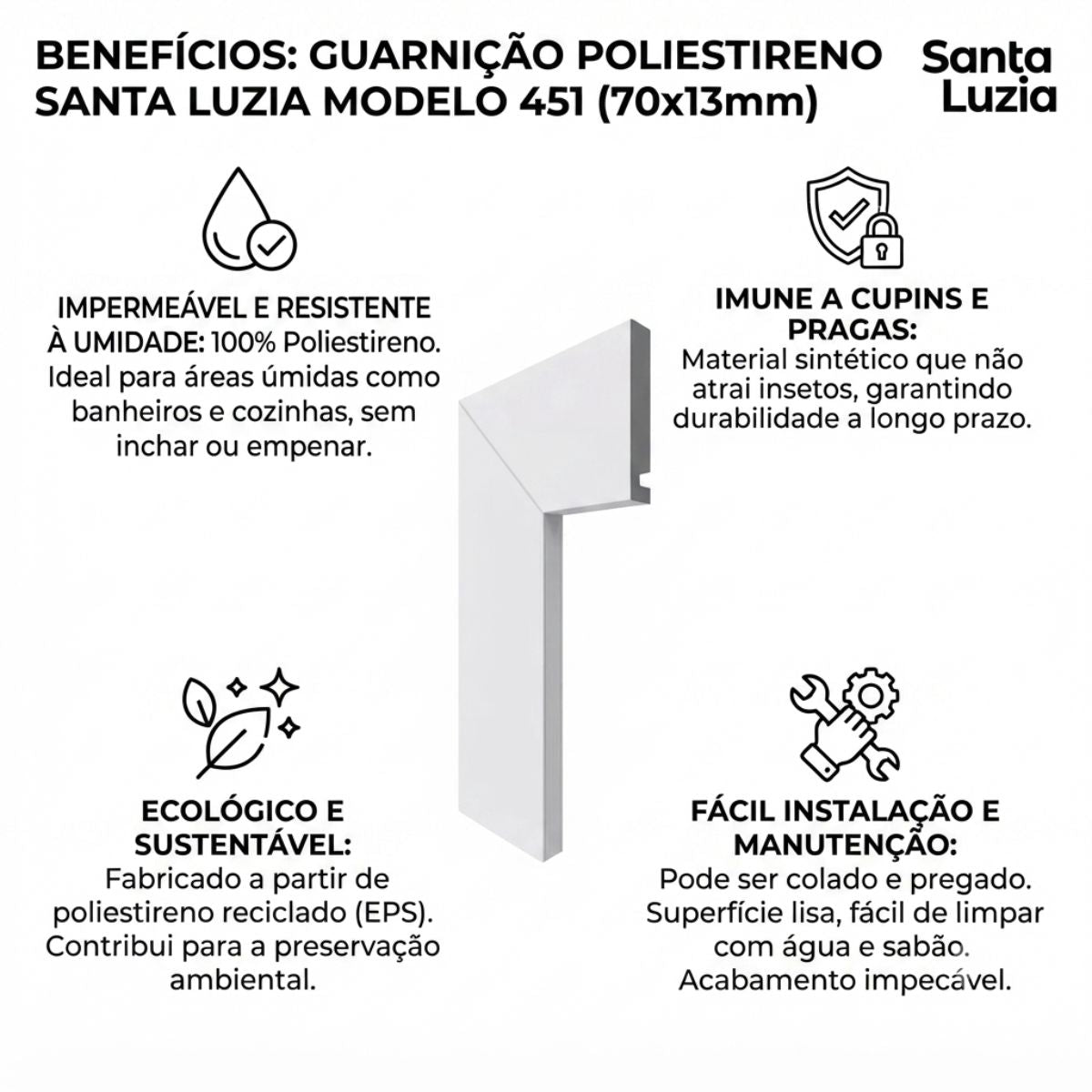 Guarnição Poliestireno Branco BR 240cm Modelo 451 70x13mm Santa Luzia