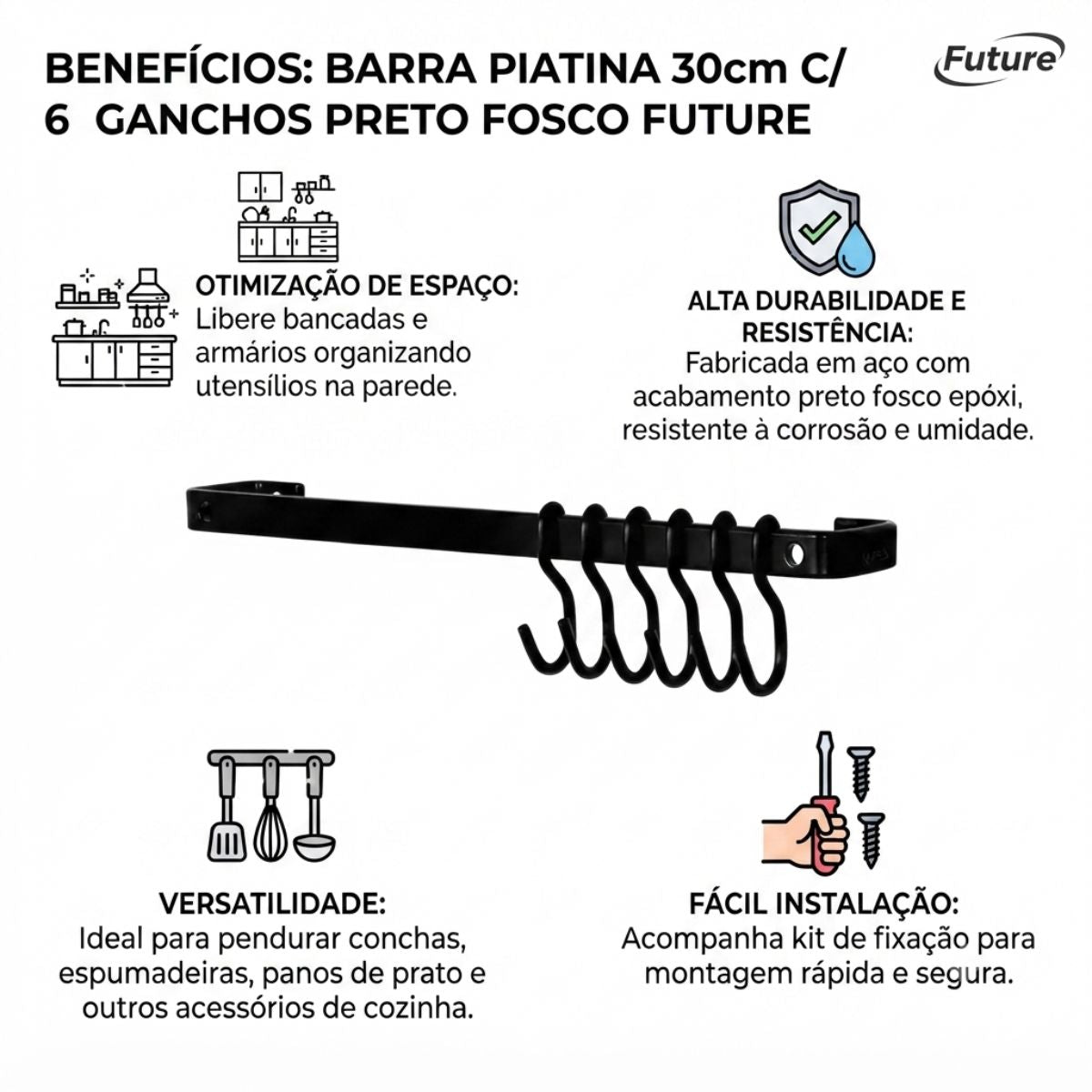 Barra Piatina 30cm Com 6 Ganchos Preto Fosco Future