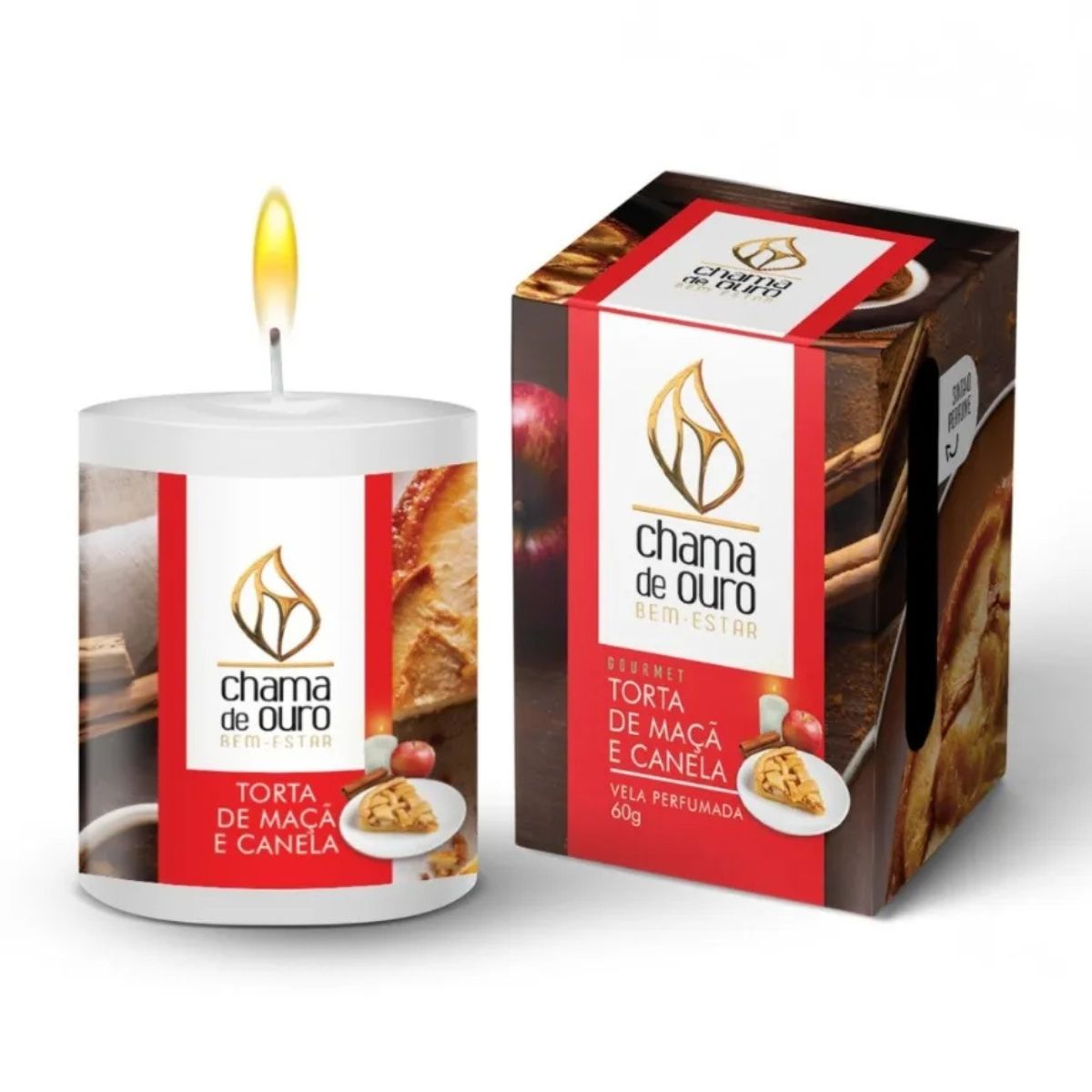 Vela Perfumada Premium 60g Torta de Maçã e Canela Chama de Ouro