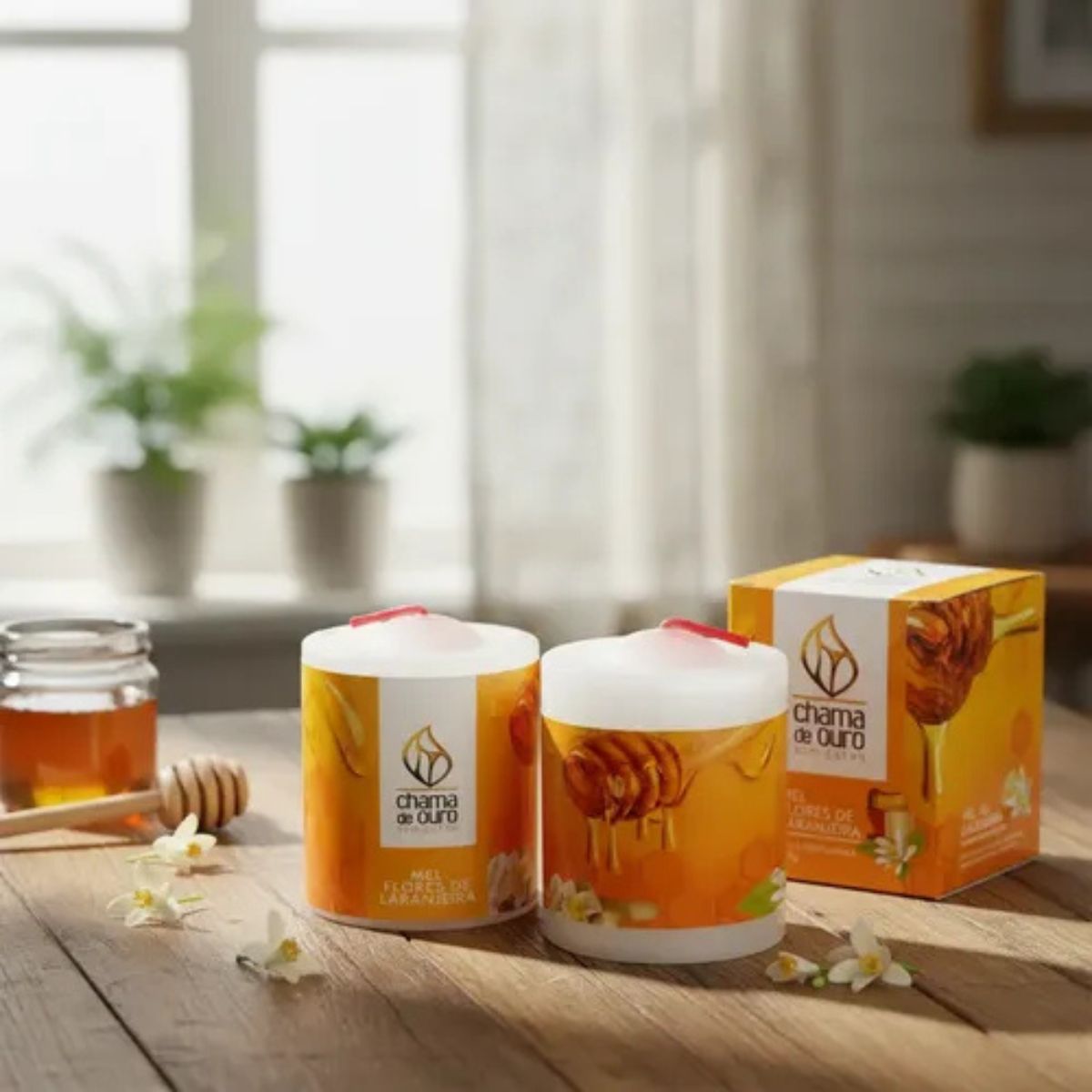 Vela Perfumada Premium 60g Mel/Flor De Laranjeira Chama de Ouro