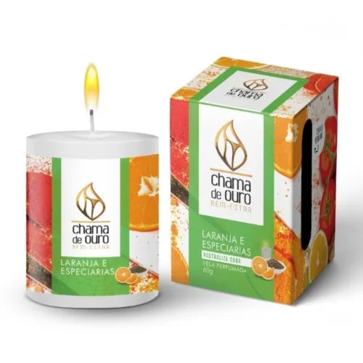 Vela Perfumada Premium 60g Laranja E Especiarias Chama de Ouro