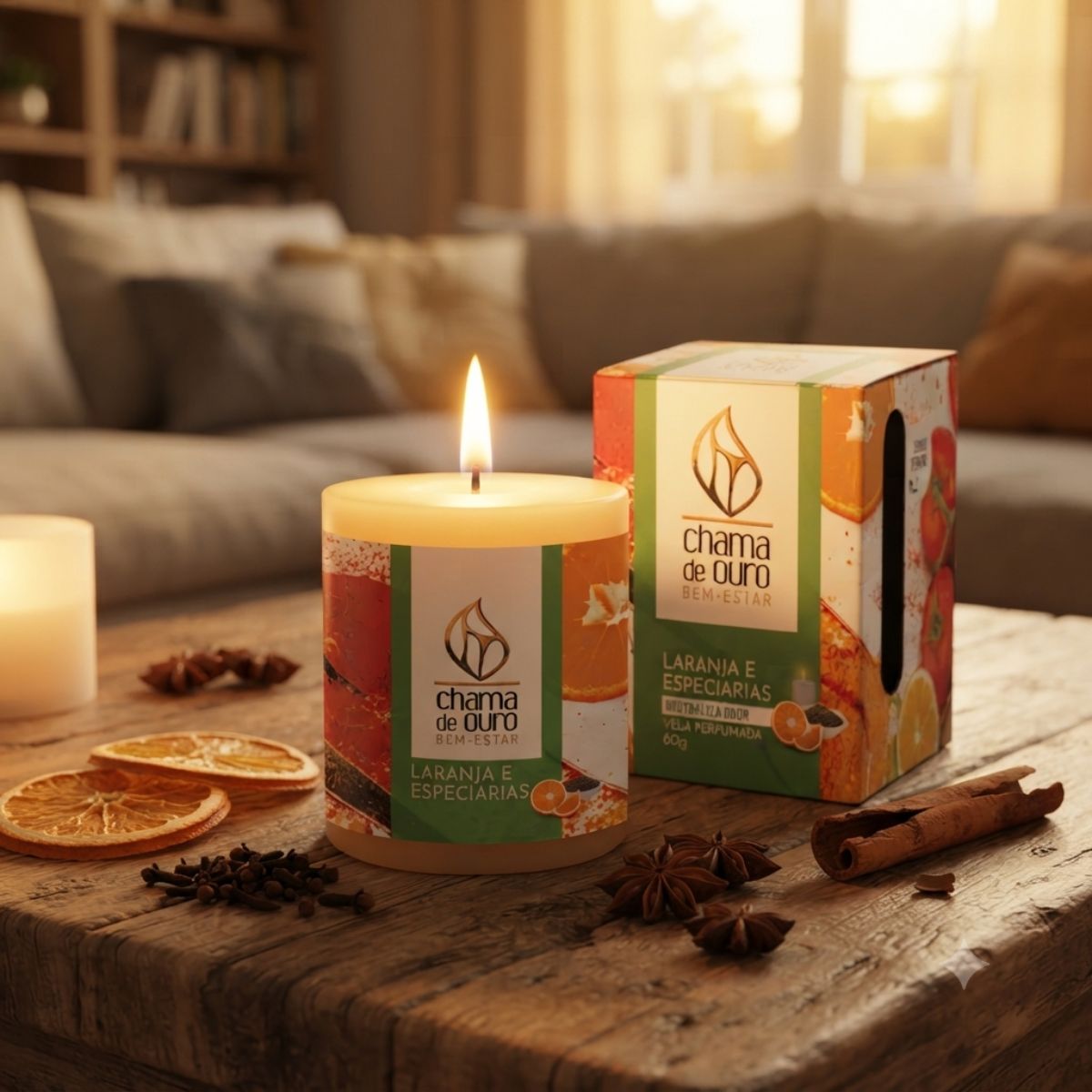 Vela Perfumada Premium 60g Laranja E Especiarias Chama de Ouro