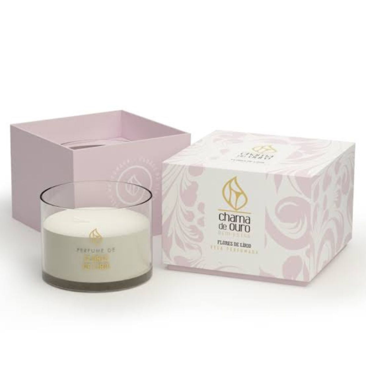 Vela Perfumada Copo de Madeira 70g Flores de Lírio Chama de Ouro