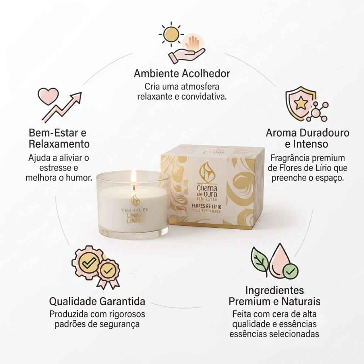 Vela Perfumada Copo de Madeira 70g Flores de Lírio Chama de Ouro