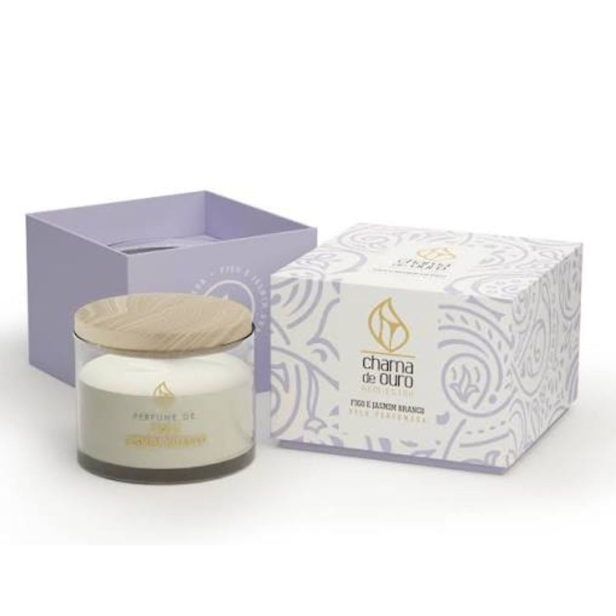 Vela Perfumada Copo de Madeira 70g Figo e Jasmim Branco Chama de Ouro