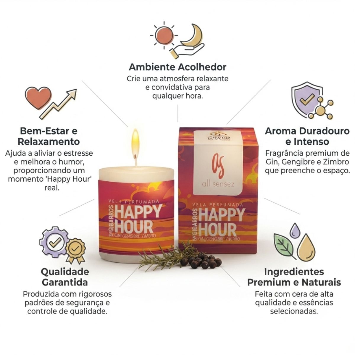 Vela Aromática 60g Happy Hour By Gi Barros Aroma Relaxante Chama de Ouro