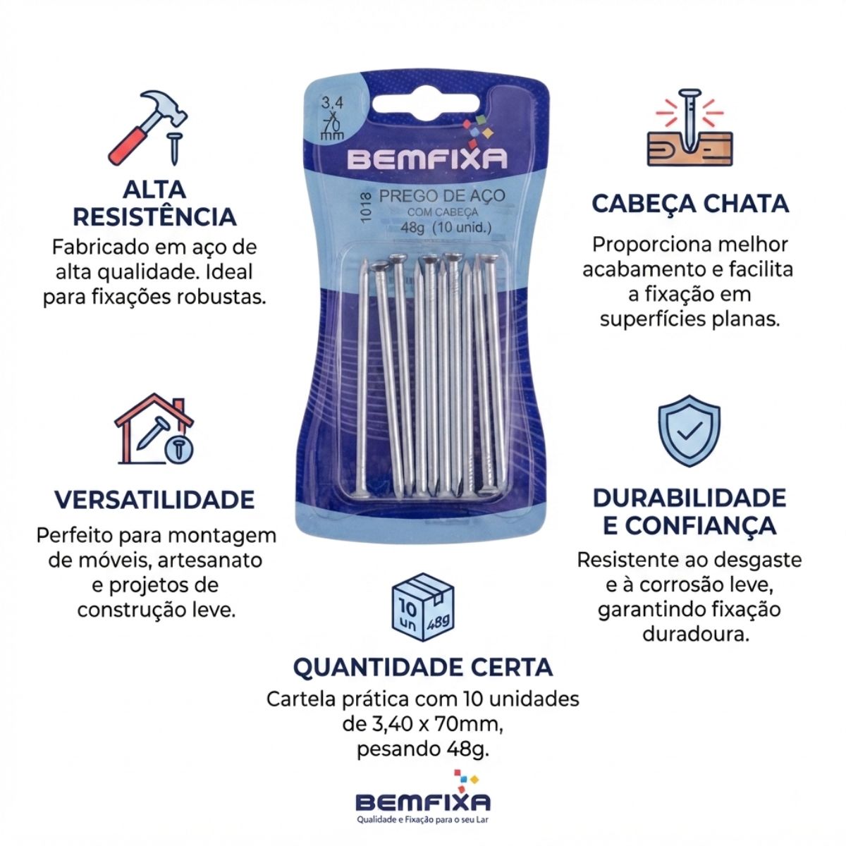 Cartela Prego de Aço 3,40 x 70 mm com Cabeça 10 Peças BemFixa