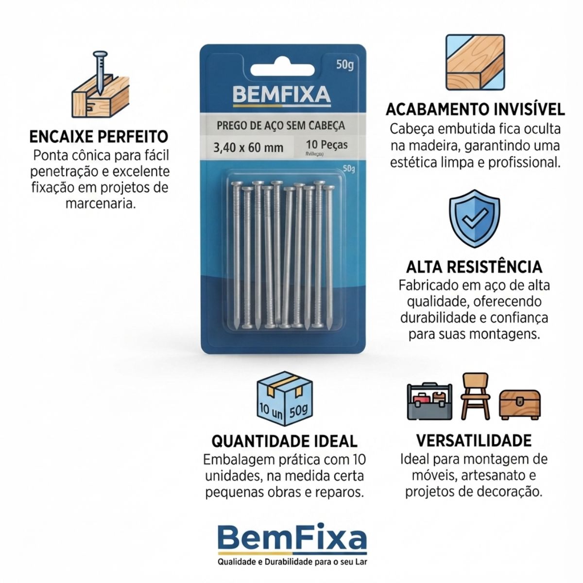 Cartela Prego de Aço 3,40 x 60 mm sem Cabeça 10 Peças BemFixa
