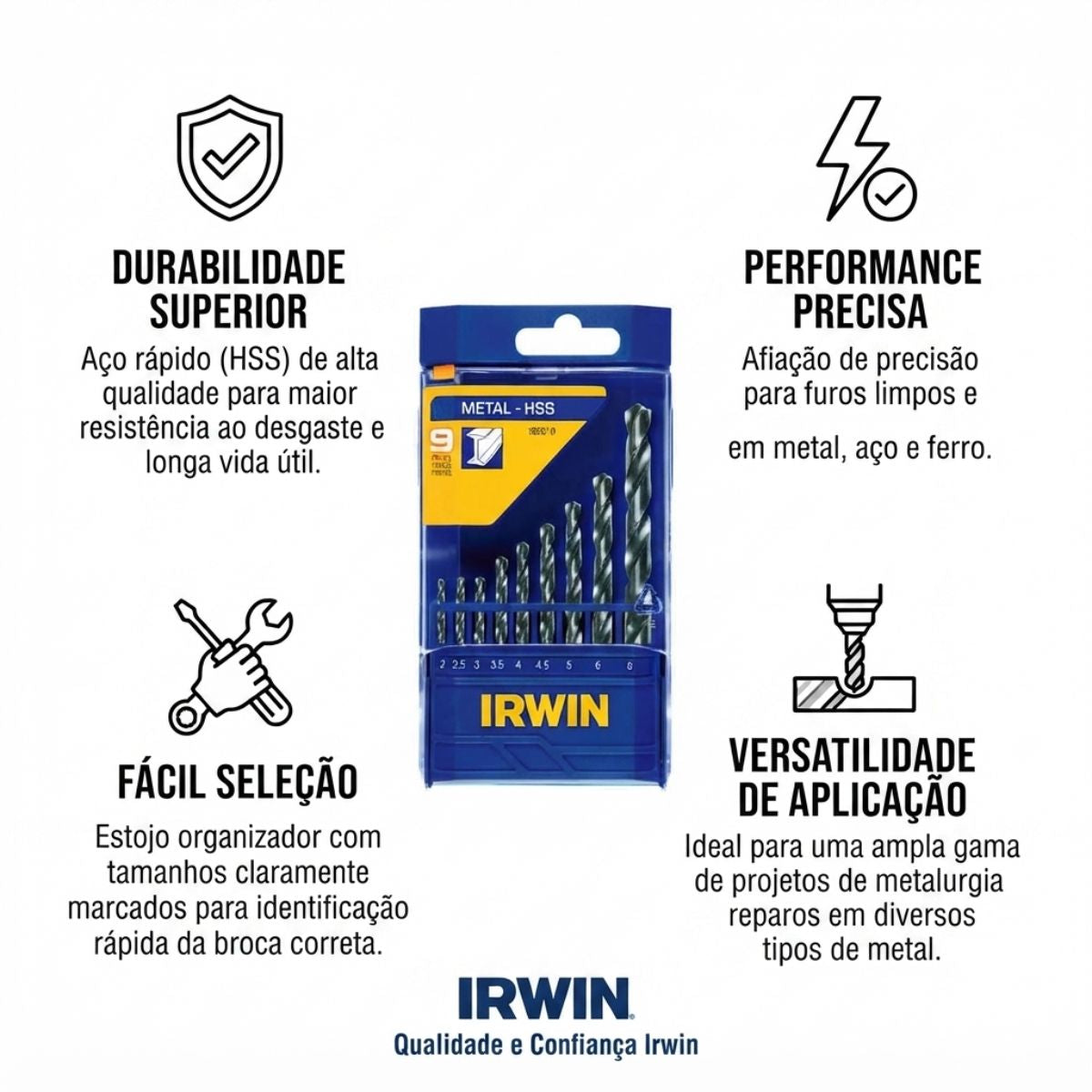 Jogo de Brocas de Aço Rápido com 9 Peças 2 a 8 mm Irwin