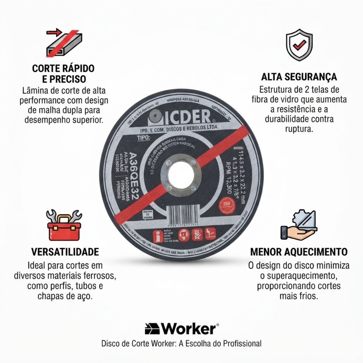 Disco de Corte para Ferro 7" com 2 Telas Worker