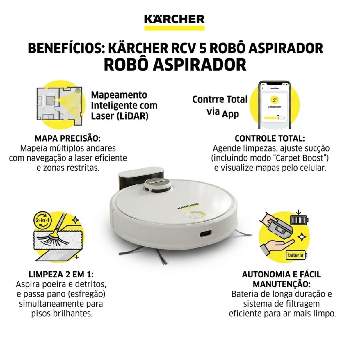 Robô Aspirador de Pó RCV 3 com Mapeamento Inteligente  Kärcher