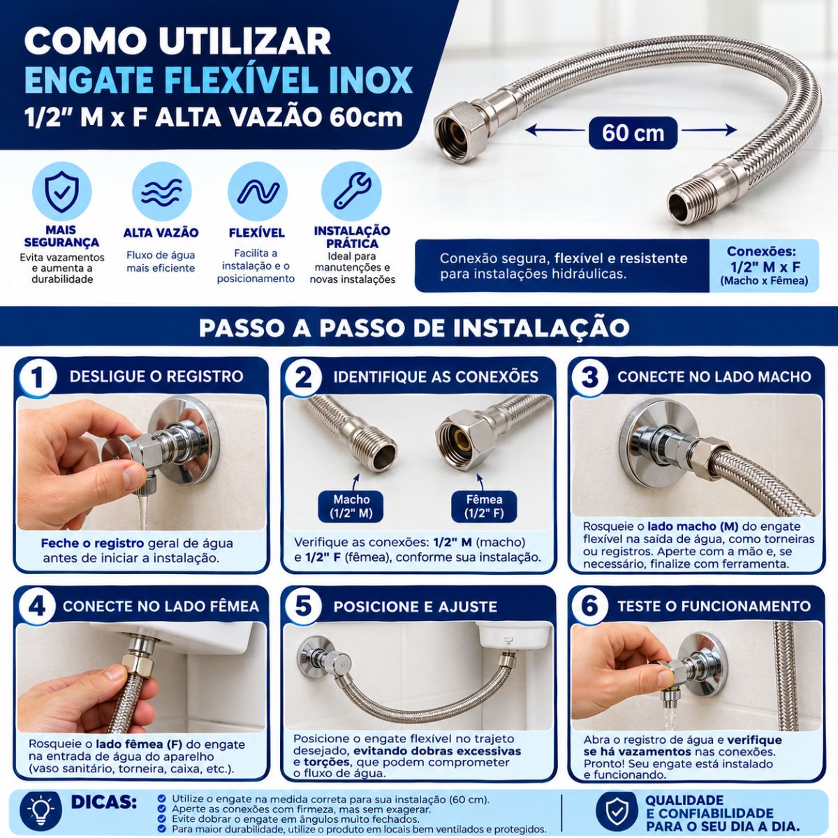 Engate Flexivel Inox 1/2" Mxf Alta Vazao 60cm