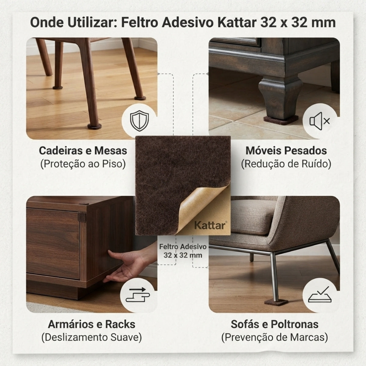 Feltro Adesivo P/ Moveis 32x32mm Kattar