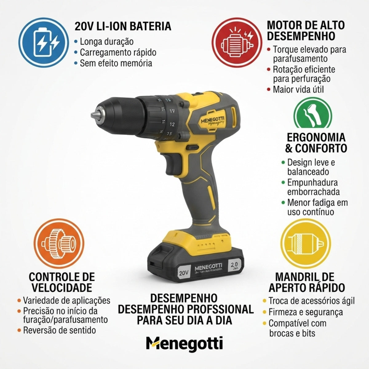 Furadeira e Parafusadeira a Bateria 60Hz com Carregador Menegotti