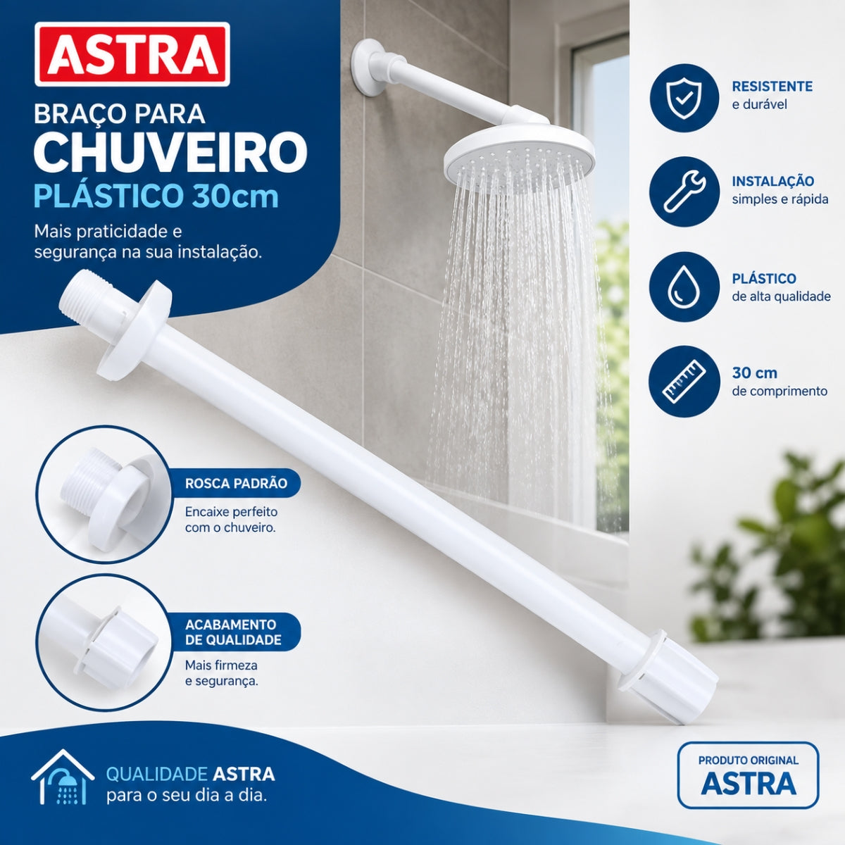 Braço para Chuveiro Plástico 30cm Astra