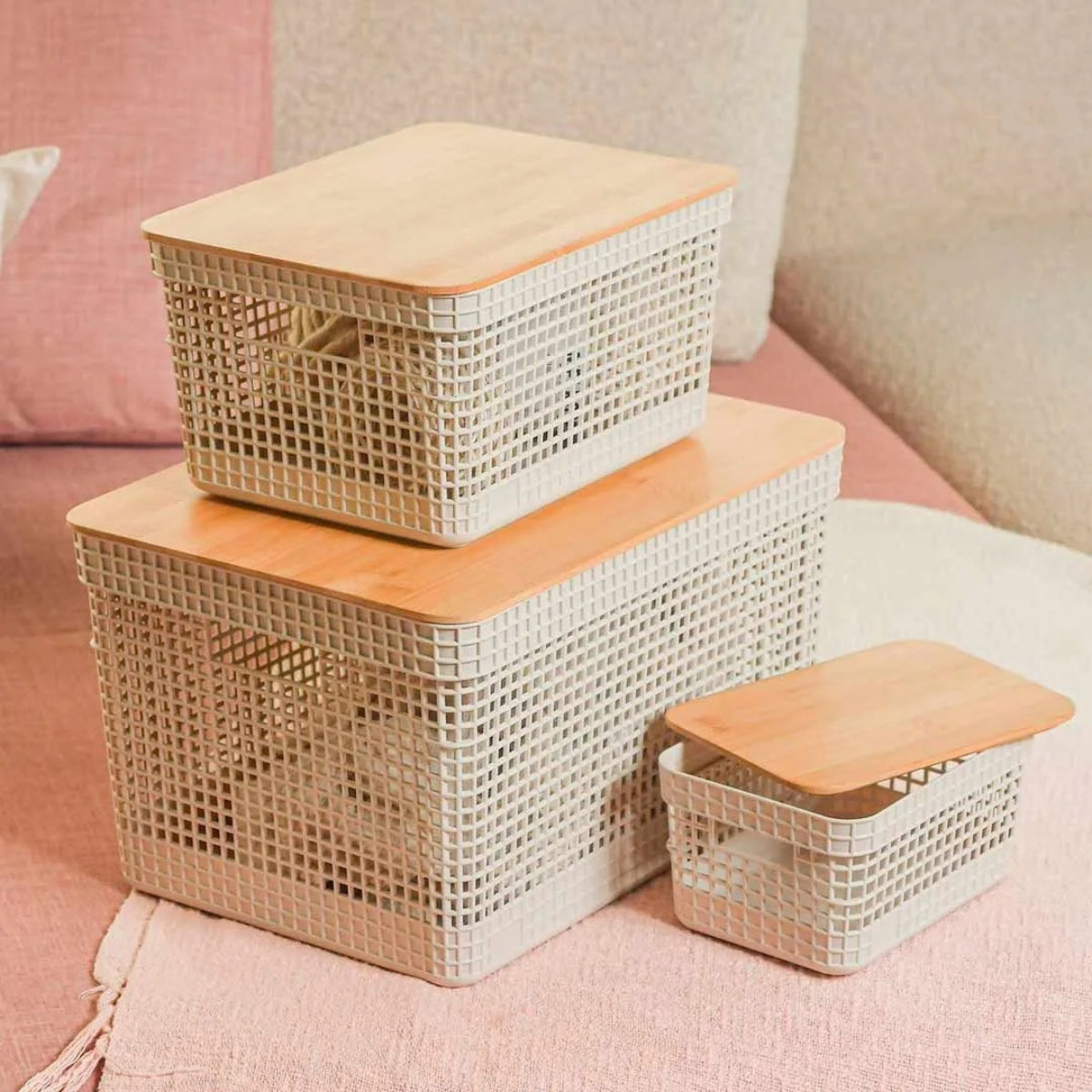 Cesto Organizador Grid 20L com Tampa de Bambu Bege OU