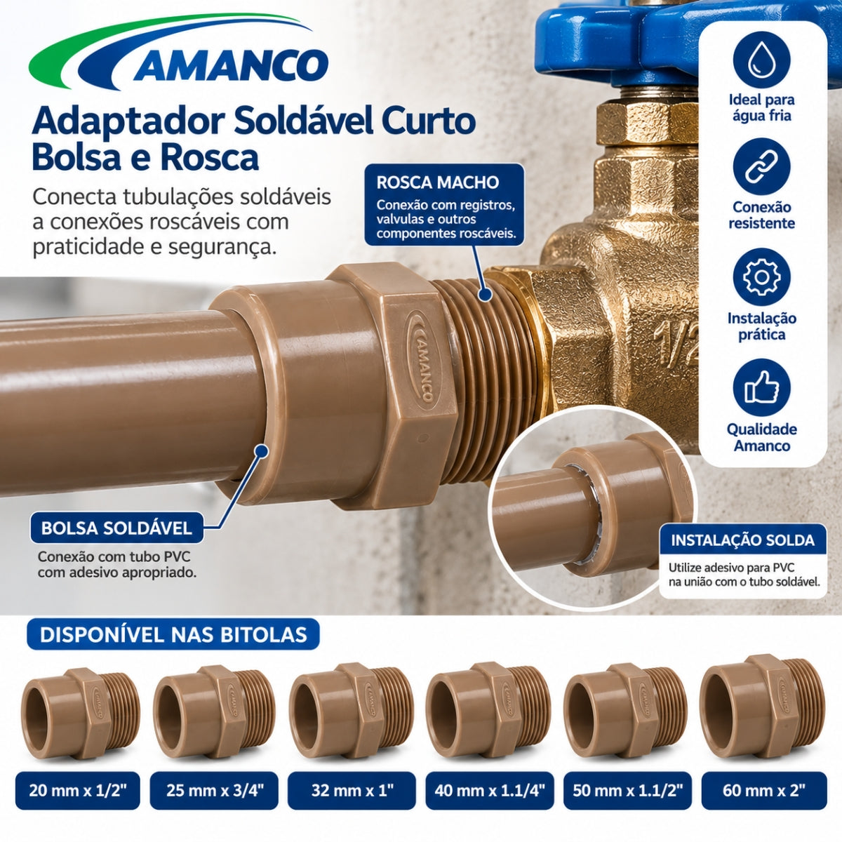 Adaptador Soldável Curto Bolsa e Rosca Amanco