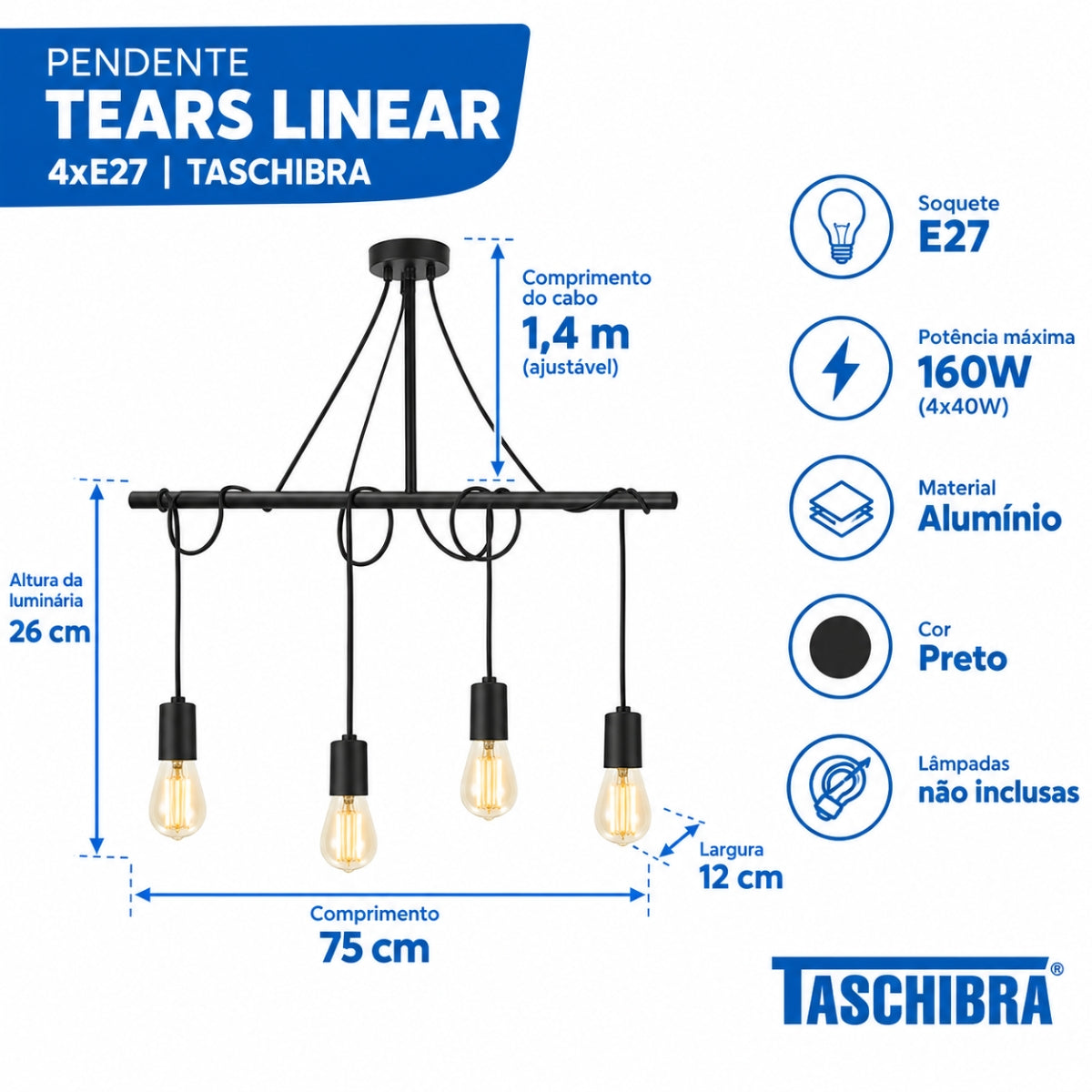 Pendente Tears Linear 4xE27 Preto Fosco Taschibra